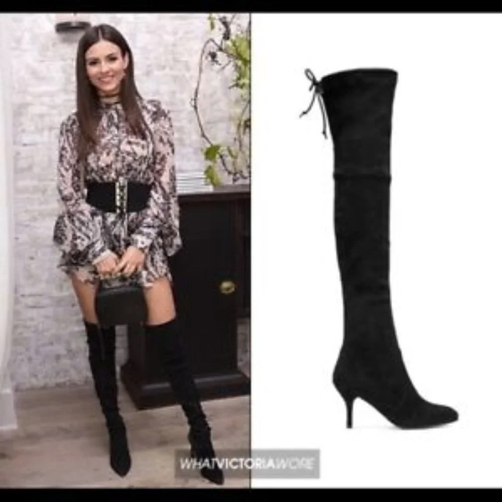 $850 STUART WEITZMAN Tiemodel Over-the-Knee Stretch Suede Boot BLACK 8 (PD15)